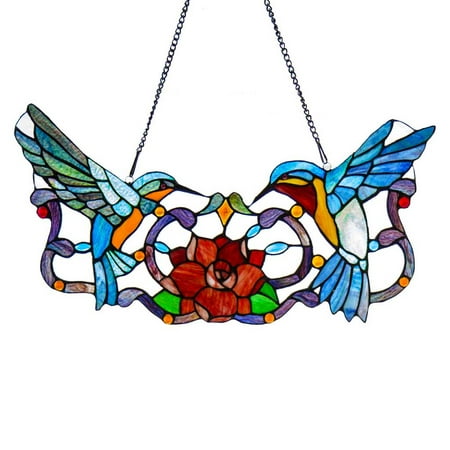 River of Goods Stained Glass Hummingbird Floral Window Panel