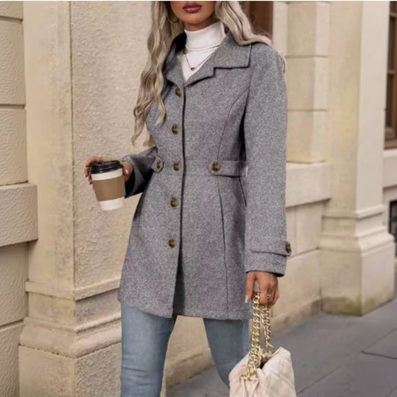 Women's Wool Blend Button Front Coat, Belted Mid-Length Overcoat, Elegant Lapel Collar Woolen Jacket Outerwear for Fall Winter 04-Gray XXL