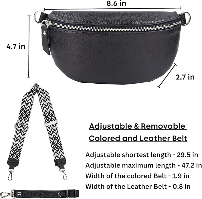 Leather Waist Belt Bag with 2 Detachable Straps, Stylish Unisex Crossbody Hip Pack for Travel, Italien Handcrafted Fanny Pack in 8 Colors