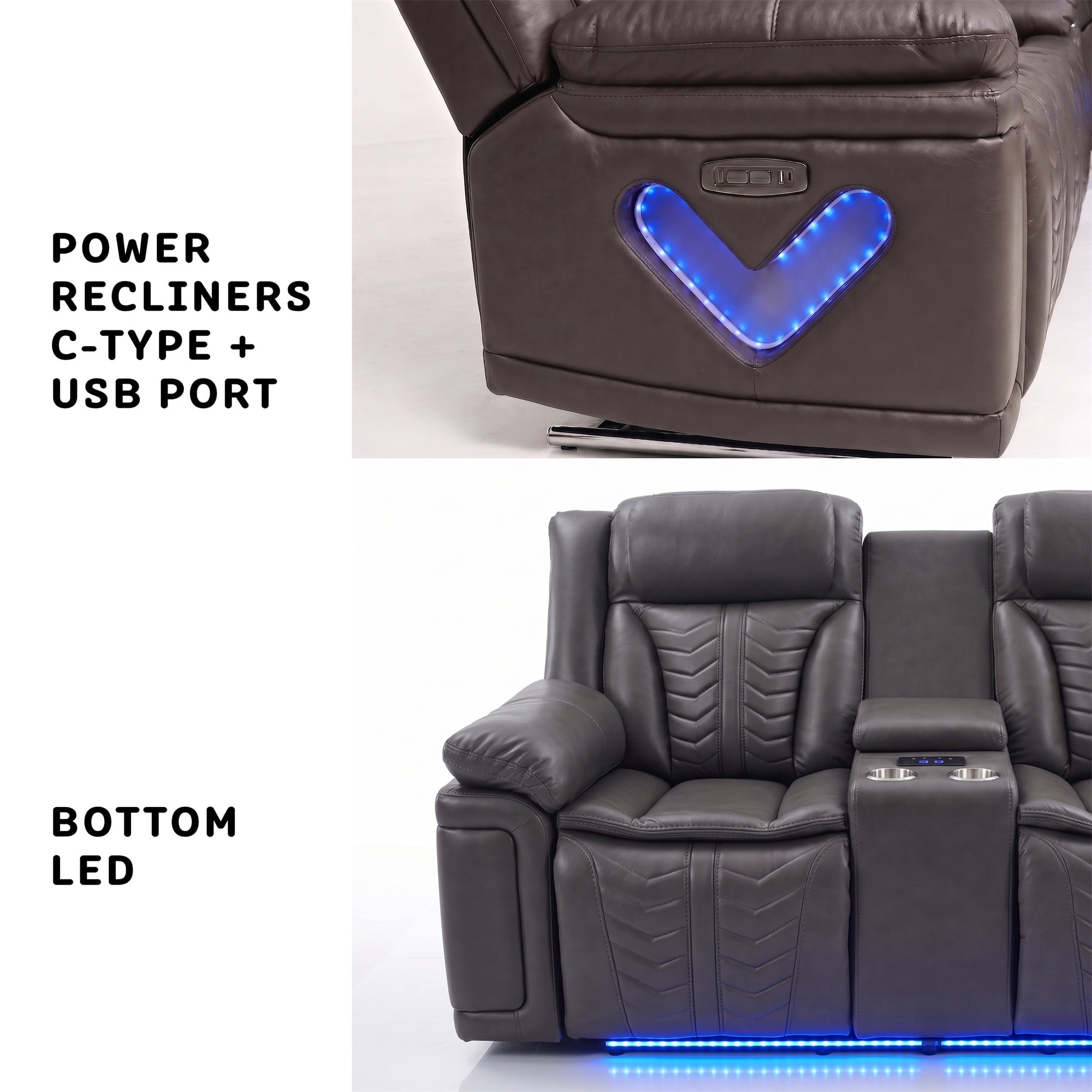 Electra Luxury Power Reclining Loveseat - Dark Brown Faux Leather Motion Console Couch with Built-In Bluetooth Speakers, Storage, Cup Holders, and Cinematic LED Lighting