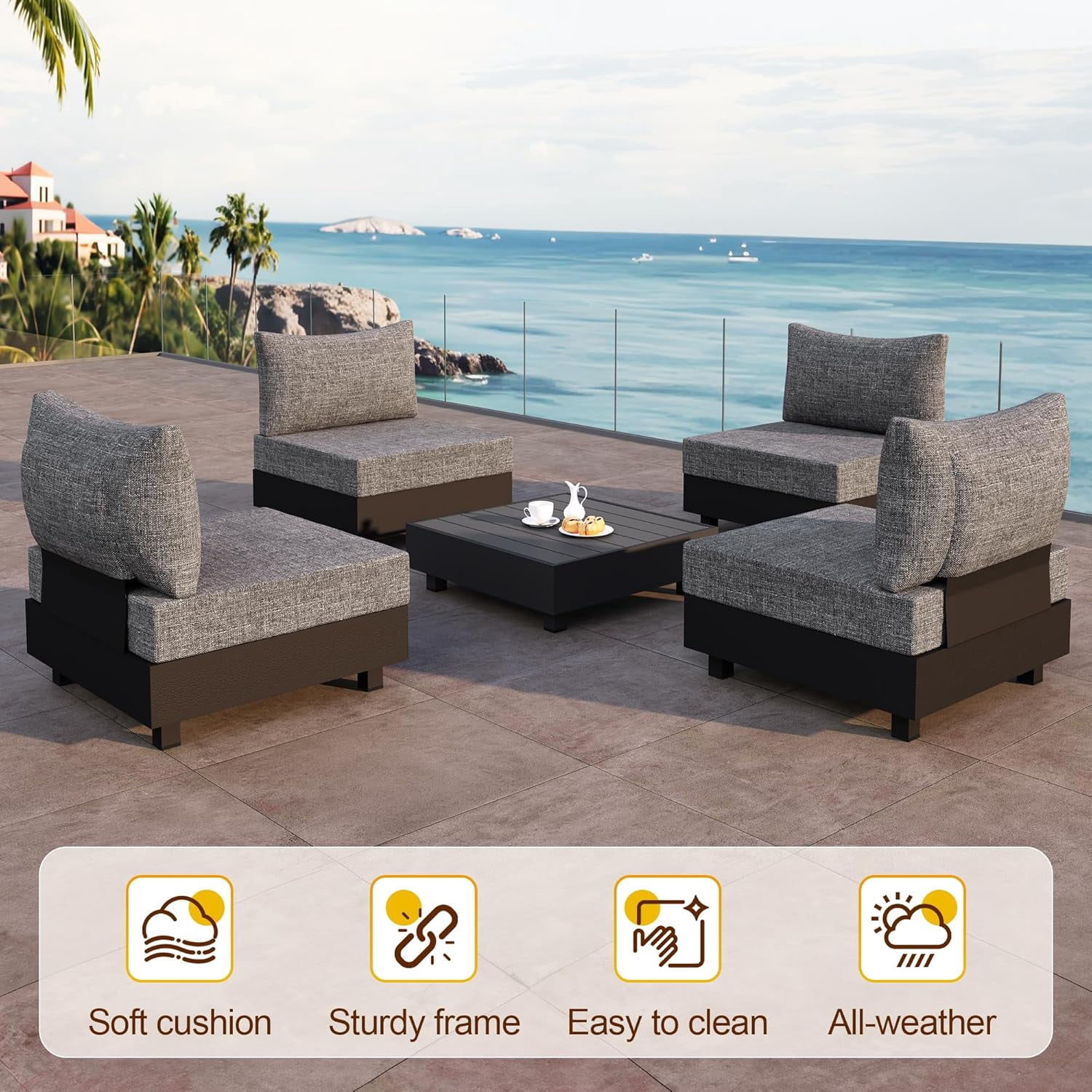 Heynemo 5 Pieces Aluminum Patio Furniture Set, Outdoor Sectional Sofa Conversation Sets with Coffee Table, Modular Armless Chairs Set for Pool Garden Balcony Porch, Grey