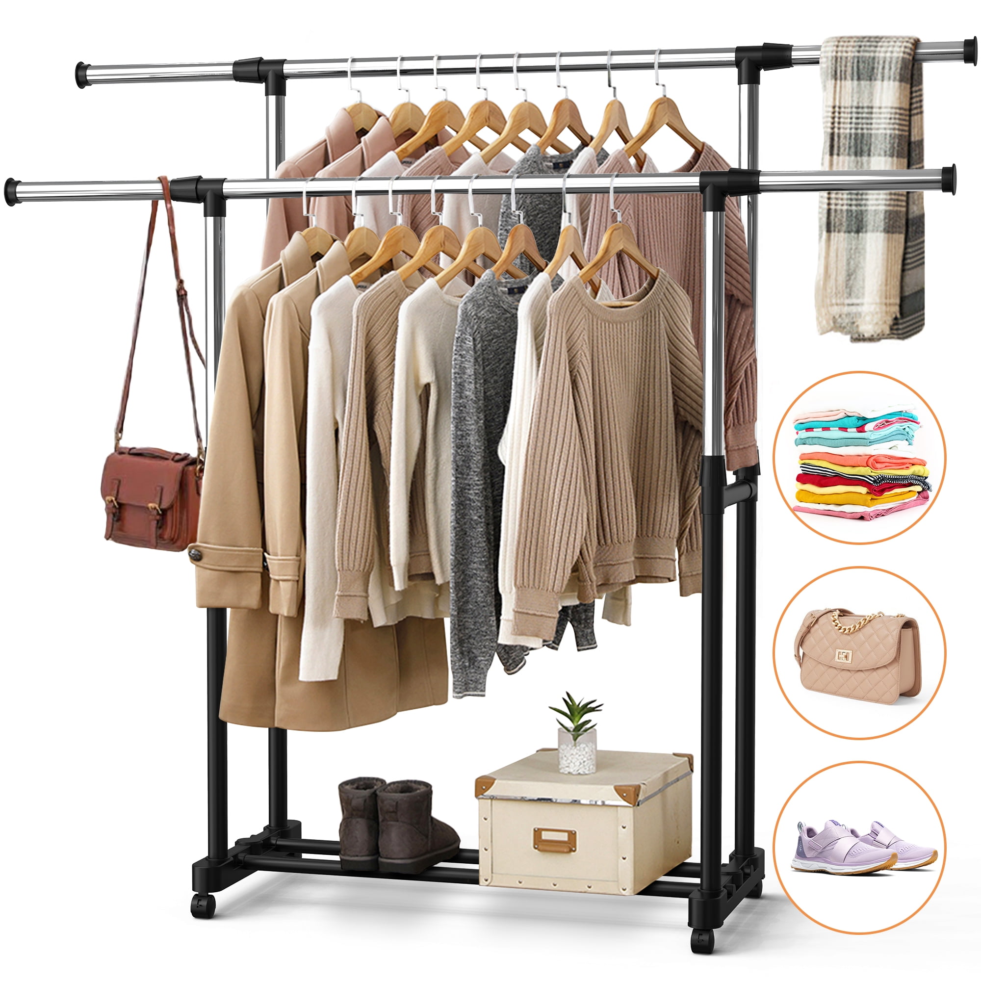 Famistar Double Rod Clothing Garment Rack, 360° Portable Adjustable