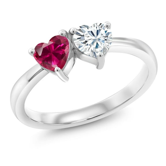 Gem Stone King 925 Sterling Silver Fashion Right-Hand Ring Set with Heart Shape Red Created Ruby and Moissanite (1.10 Cttw, Size 5)