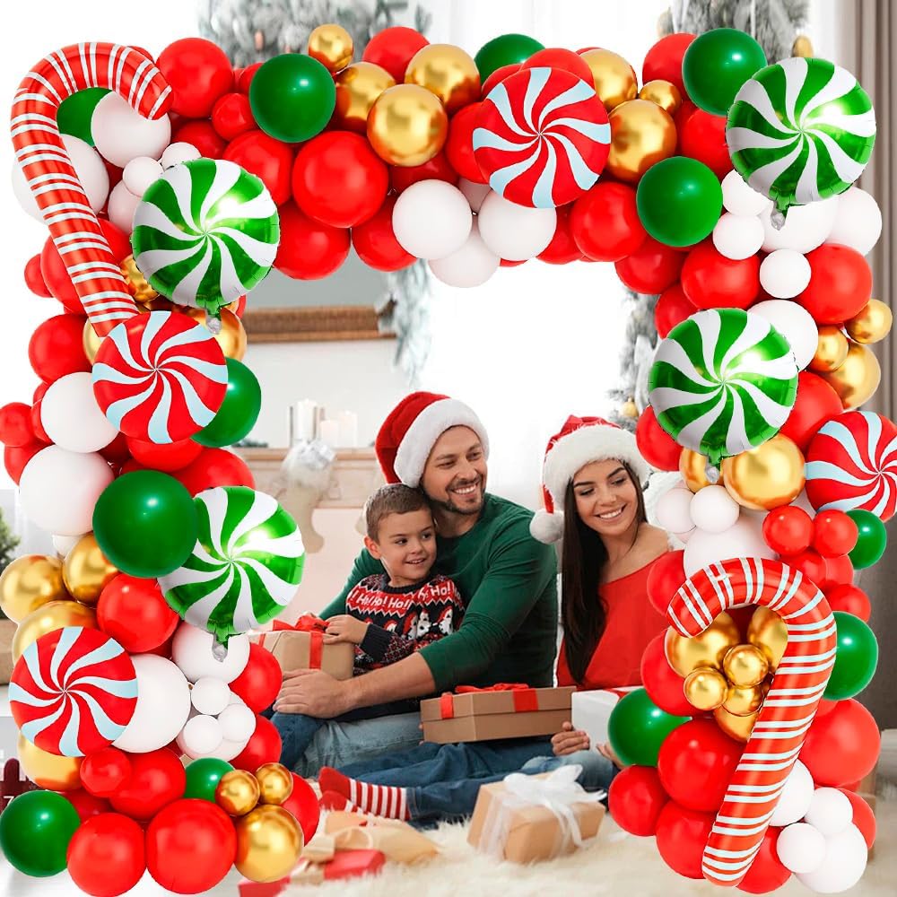 Red Green White Christmas Balloon Garland Arch Kit, Gingerbread Holiday Balloon Arch Kit Xmas Christmas Decorations Balloons Holiday Party Garland Balloons Background Candy Cane Balloon Arch Sets