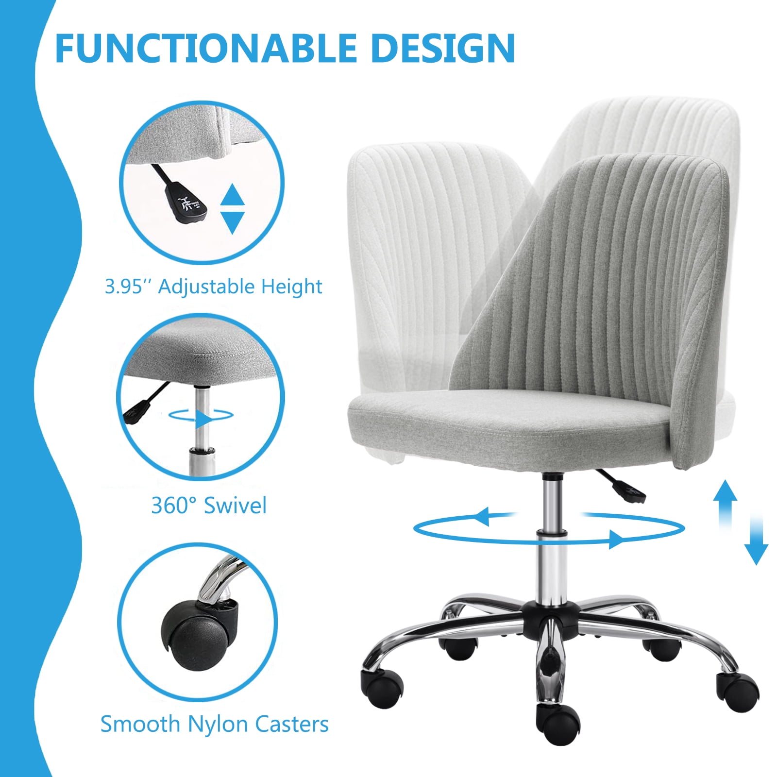 edx Vanity Chair, Armless Desk Chair with Wheels, Adjustable Swivel Fabric Makeup Chair, Comfortable Home Office Task Computer Chair, Gray
