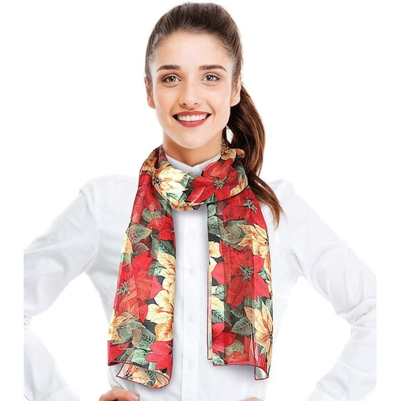 CBC Crown Women's Lightweight Poinsettia Printed Christmas Themed Silk Feeling 13" x 60" Scarf
