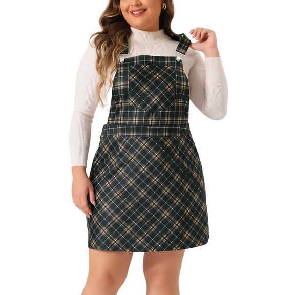DARING DIVA Women's Plus Suspender Skirt Overall Pinafore Dress Plaid Print 1X Navy Blue