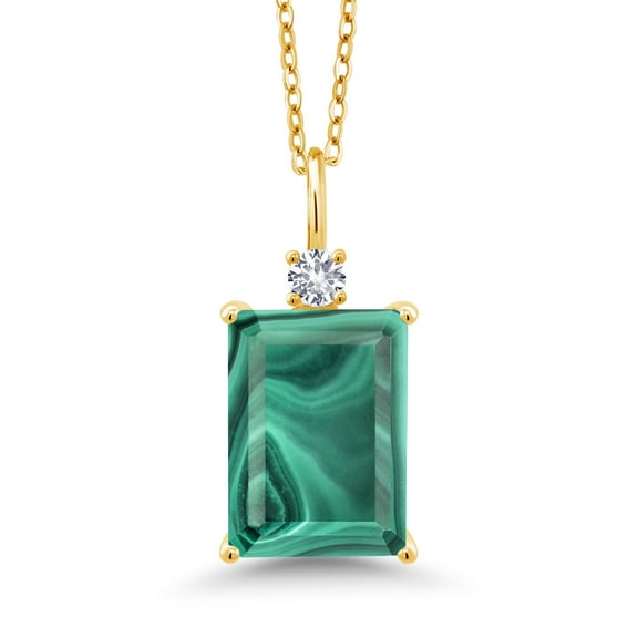 Gem Stone King 10.13 Ct Green Malachite White Created Sapphire 18K Yellow Gold Plated Silver Pendant with Chain