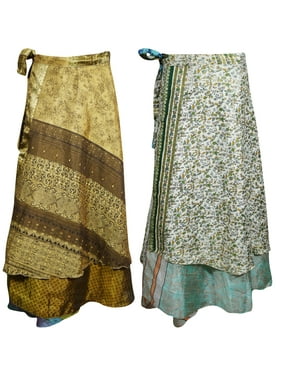 Mogul Women's Silk Wrap Around Skirt Two Layer Reversible Printed Premium Magic Long Skirts