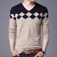 thumbnail image 4 of SPRING PARK Chic Men's V Neck Casual Geometric Pattern Long Sleeve Color Block Pullover Knitwear Elastic Slim Sweater, 4 of 7