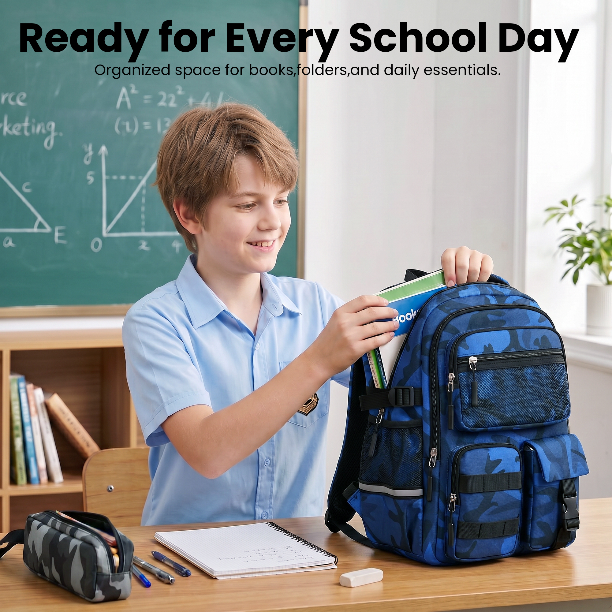 Mochila escolar para niños de 1° a 5° grado, camuflada, repelente al agua, con tiras reflectantes, transpirable, para primaria y secundaria, 22L 3