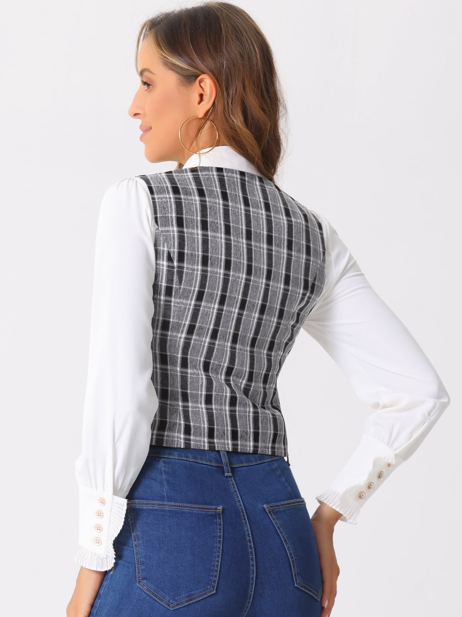 DARING DIVA Women's Plaid Single Breasted Sleeveless Racerback Waistcoat XS Black White