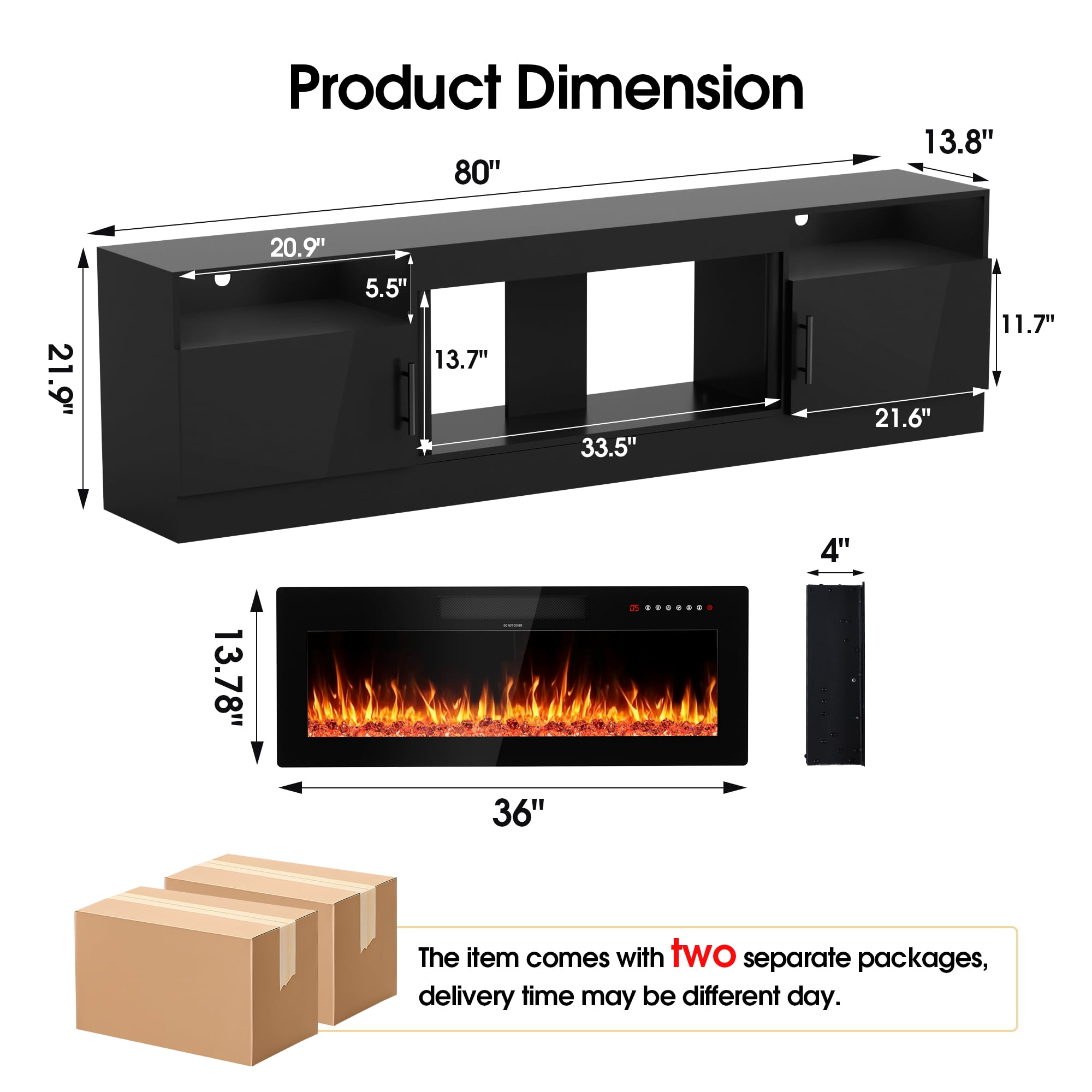 HARIPUL 80” TV Stand with 36" Electric Fireplace for TVs Up to 90 inch, LED Light Entertainment Center with High Gloss Door, Modern Media Console Cabinet for Living Room