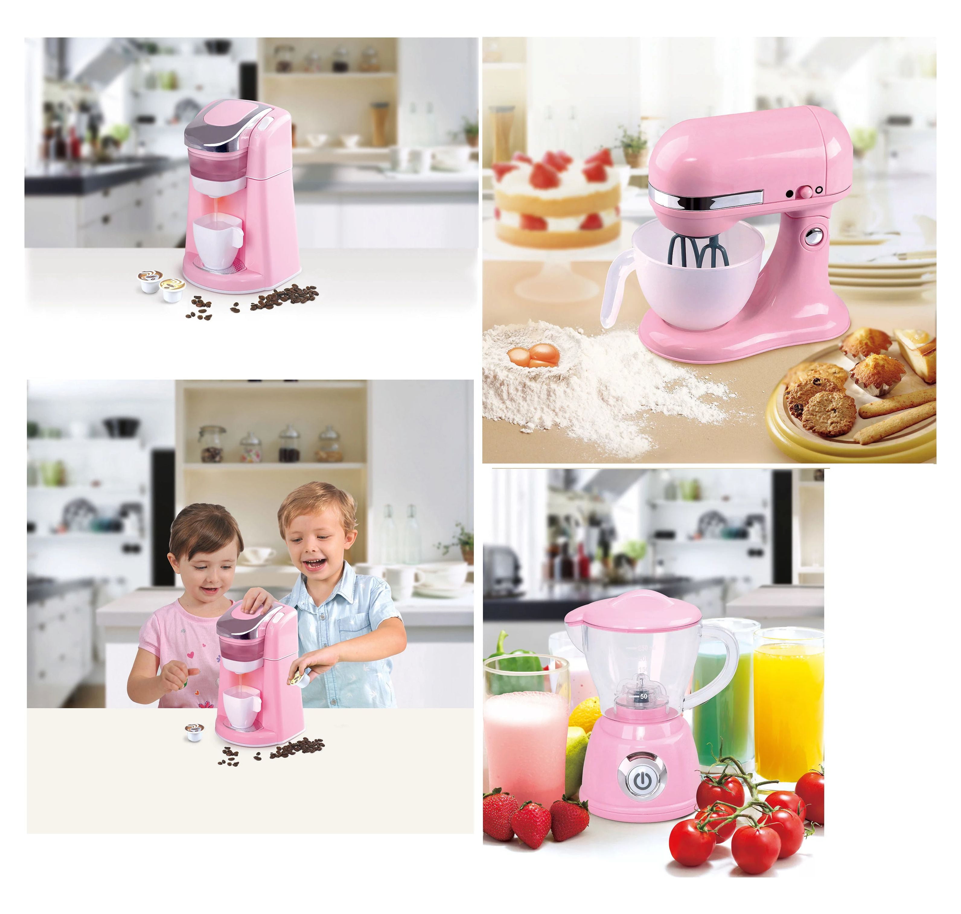 Battery Operated Gourmet Kitchen APPLIANCES (Child Size) has Pink & White  Coffee Maker w Coffee PODS, Mix Master and Blender