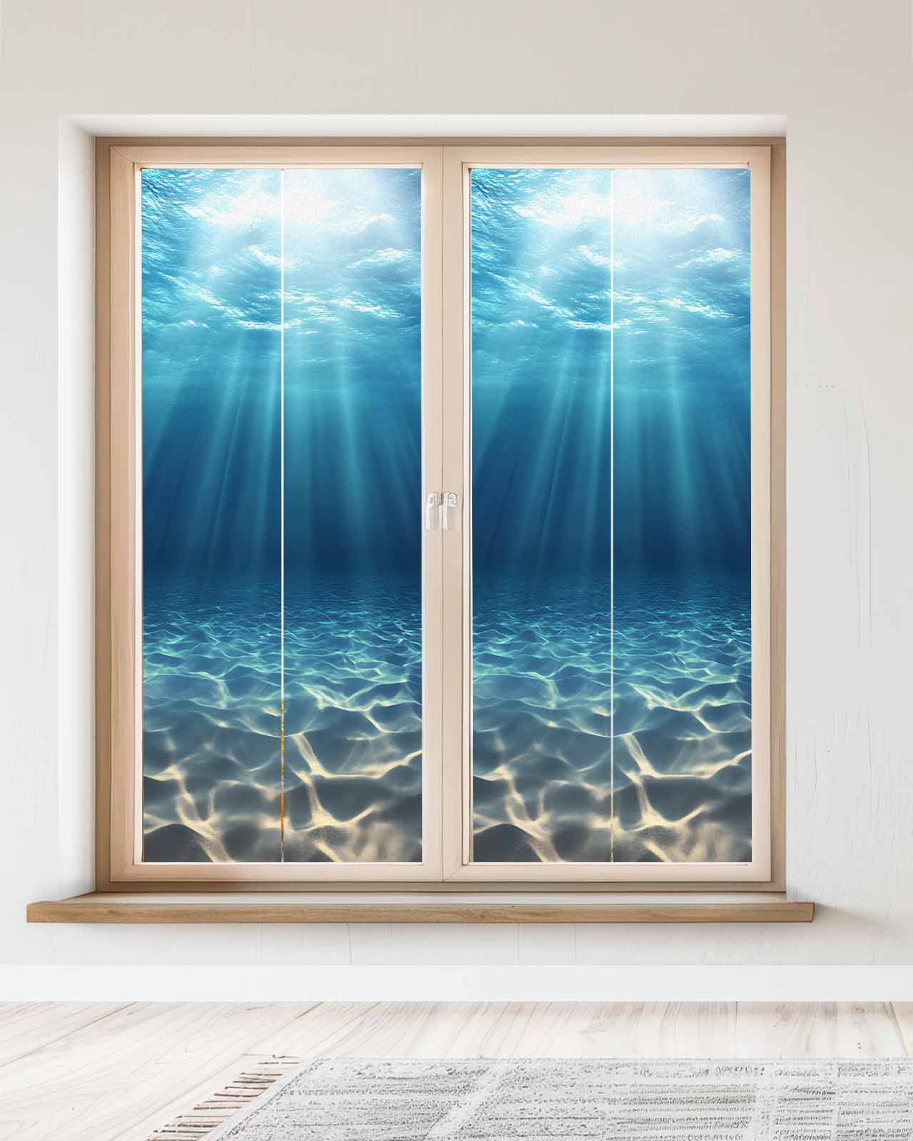 Window Privacy Film Ocean Blue Stained Glass Window Film Decorative Sun Block Window Cover Underwater Sun Light Coastal Sea Scenery Window Clings Static Adhesive Sticker for Bathroom 23.6"x59"