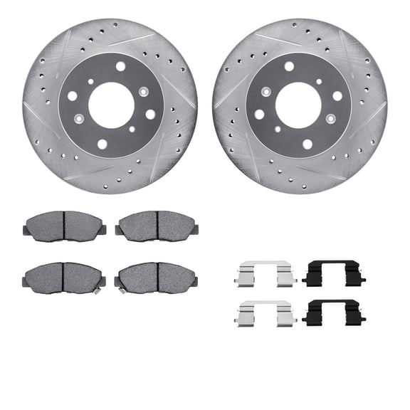 Dynamic Friction Company Front Brake Rotors-Drilled and Slotted-Silver with 5000 Advanced Brake Pads includes Hardware 7512-59026