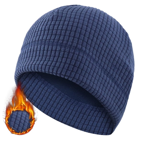 GSPCLAM Mens Hats Winter Fleece Thick Windproof Outdoor Activity Beanie Hats Solid Color Waffle Textured Beanie Navy
