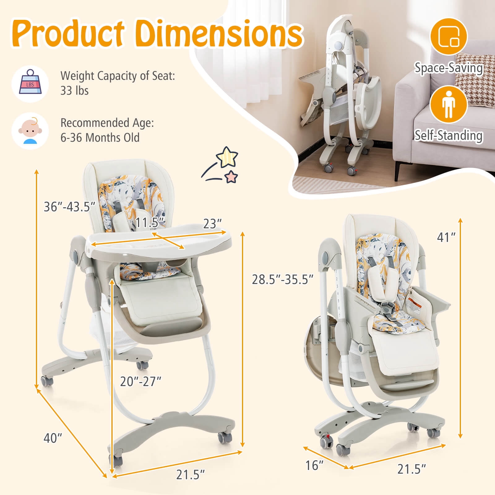 Infans High Chair for Babies & Toddlers w/ Rolling Wheels Adjustable Height Footrest