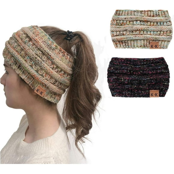 wqlpp-Womens Beanie Hats - Winter Knitted Headband Warm Knit Headwear Ear Warmer Ponytail Toque Horsetail Messy Bun Hats