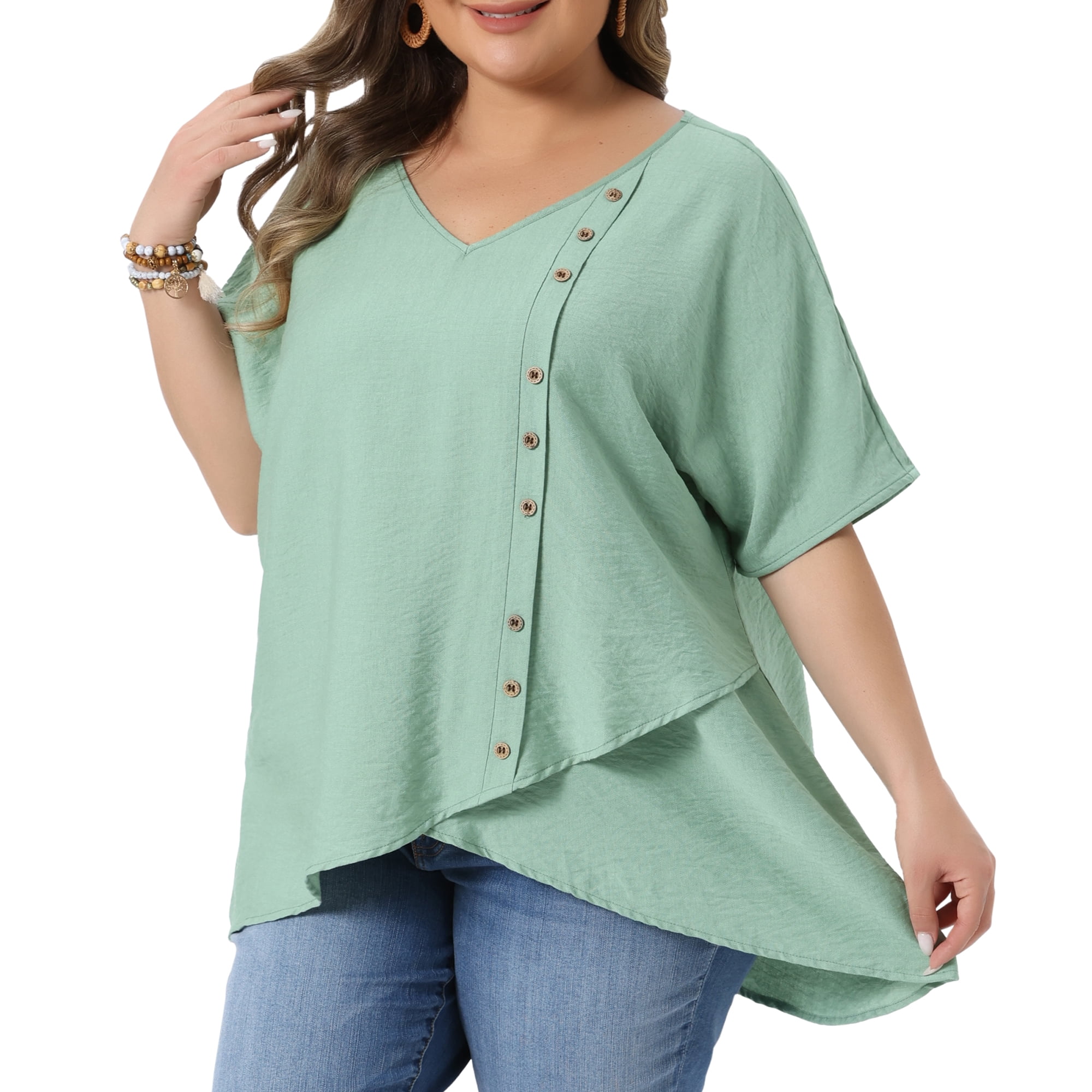 DARING DIVA Women's Plus V Neck Button Irregular Hem Blouses T-Shirts 2X Green