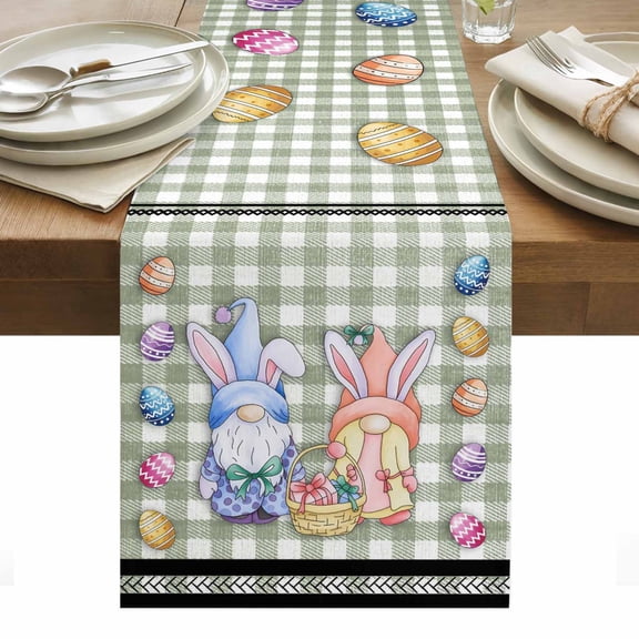 Bunny Gnomes Easter Table Runner - 108 Inch Long, Kitchen Dining Table Runner Dresser Scarves, Eggs Sage Green Checkered Farmhouse Farmhouse Decor for Coffee Tables Wedding Party Banquet