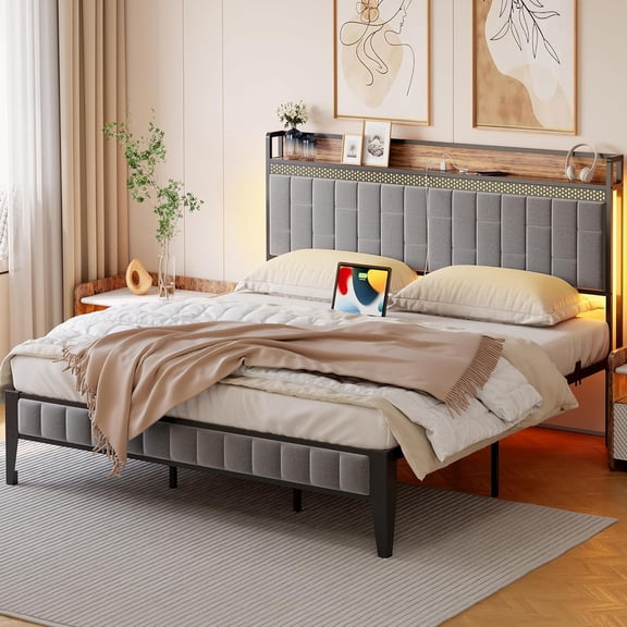 Full Size Bed Frame, LED Upholstered Platform Bed Frame with Charging Station, Storage Headboard, Strong Metal Slats Support, Noise Free, No Box Spring Needed, Easy Assembly (Gray)