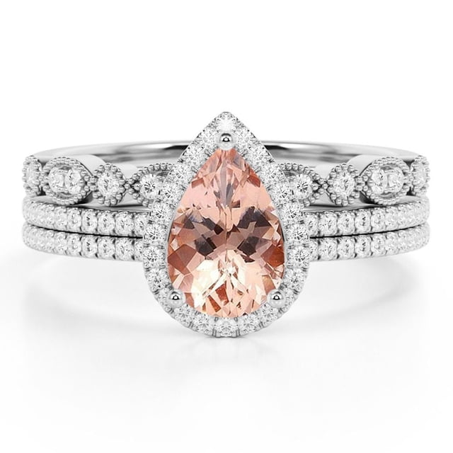 JeenMata Anillo de Bodas de Tres Piezas de Morganita y Moissanita de 1,75 Quilates con Corte de Pera Creado en Laboratorio para Ella en Oro Blanco