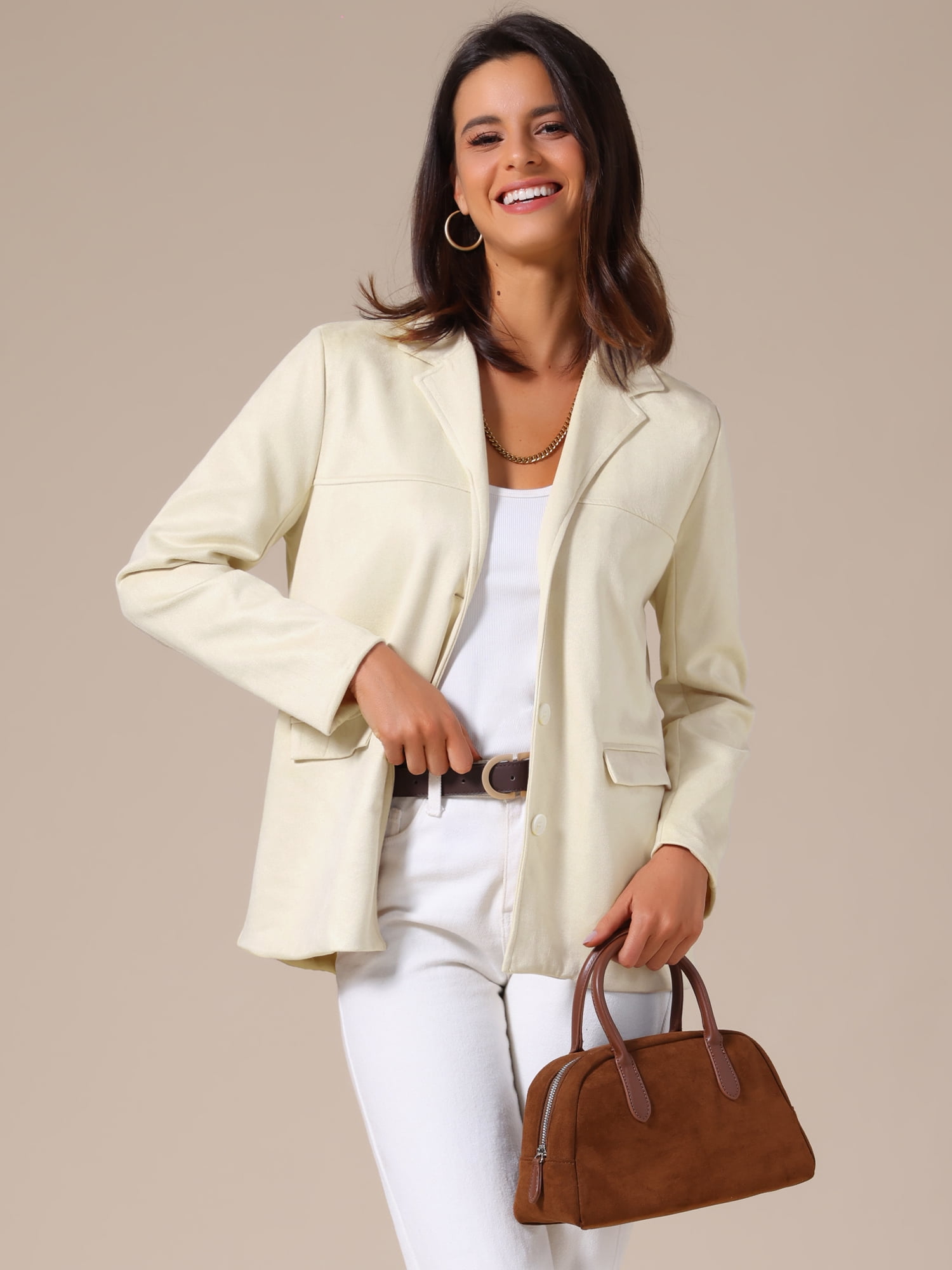 DARING DIVA Women's Faux Suede Lapel Open Front Long Sleeve Blazer Jacket M Khaki