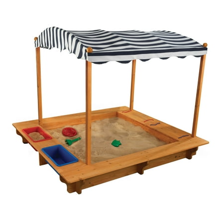 UPC: 0706943001653 | KidKraft Outdoor Covered Wooden Sandbox with Bins and Striped Canopy
