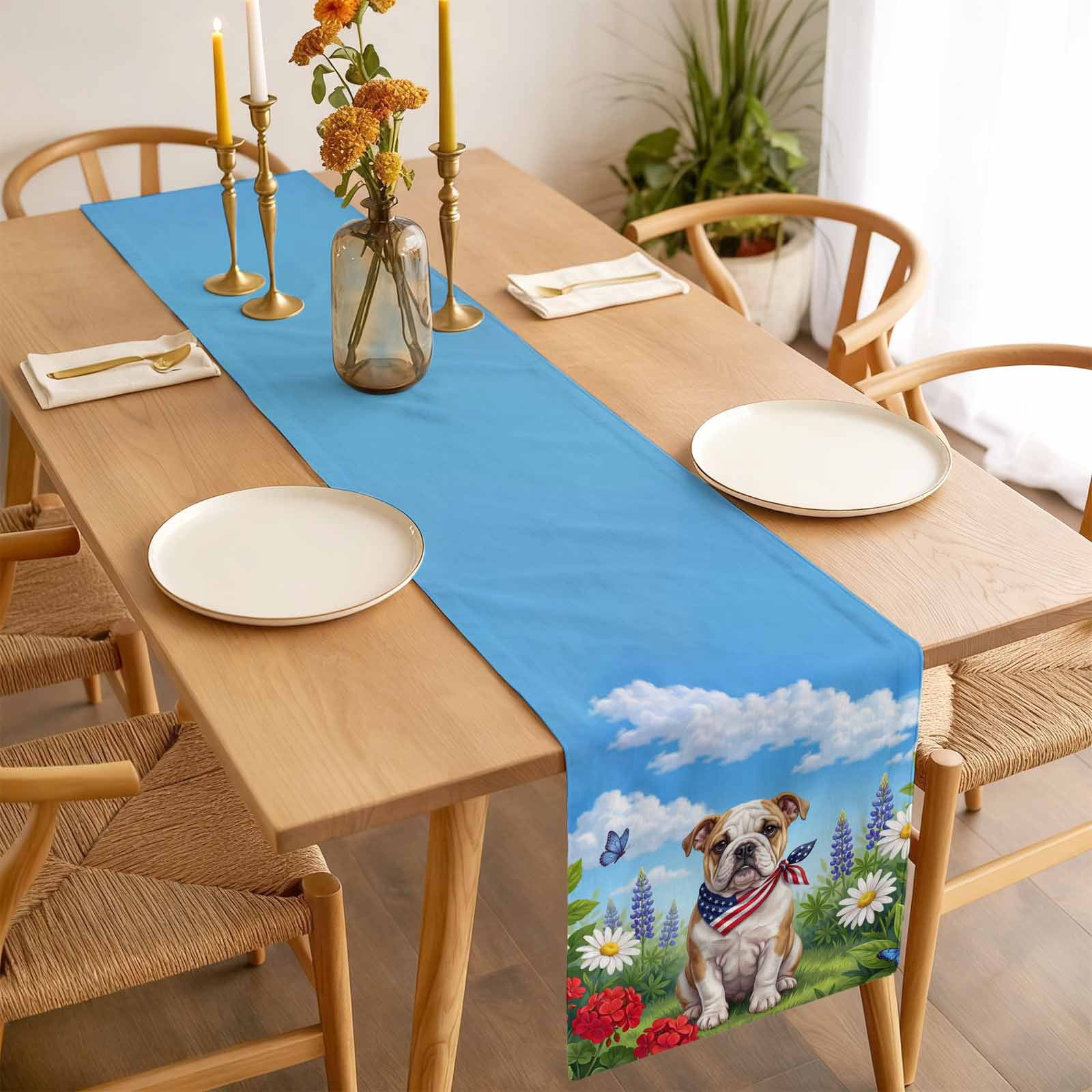 Independence Day Table Runner, American Flag Cute Dog Puppy Colorful Flower Washable Cotton-linen Table Runners Dining Kitchen Decoration for Everyday Home Wedding Party Decor, 18 x72 Inch