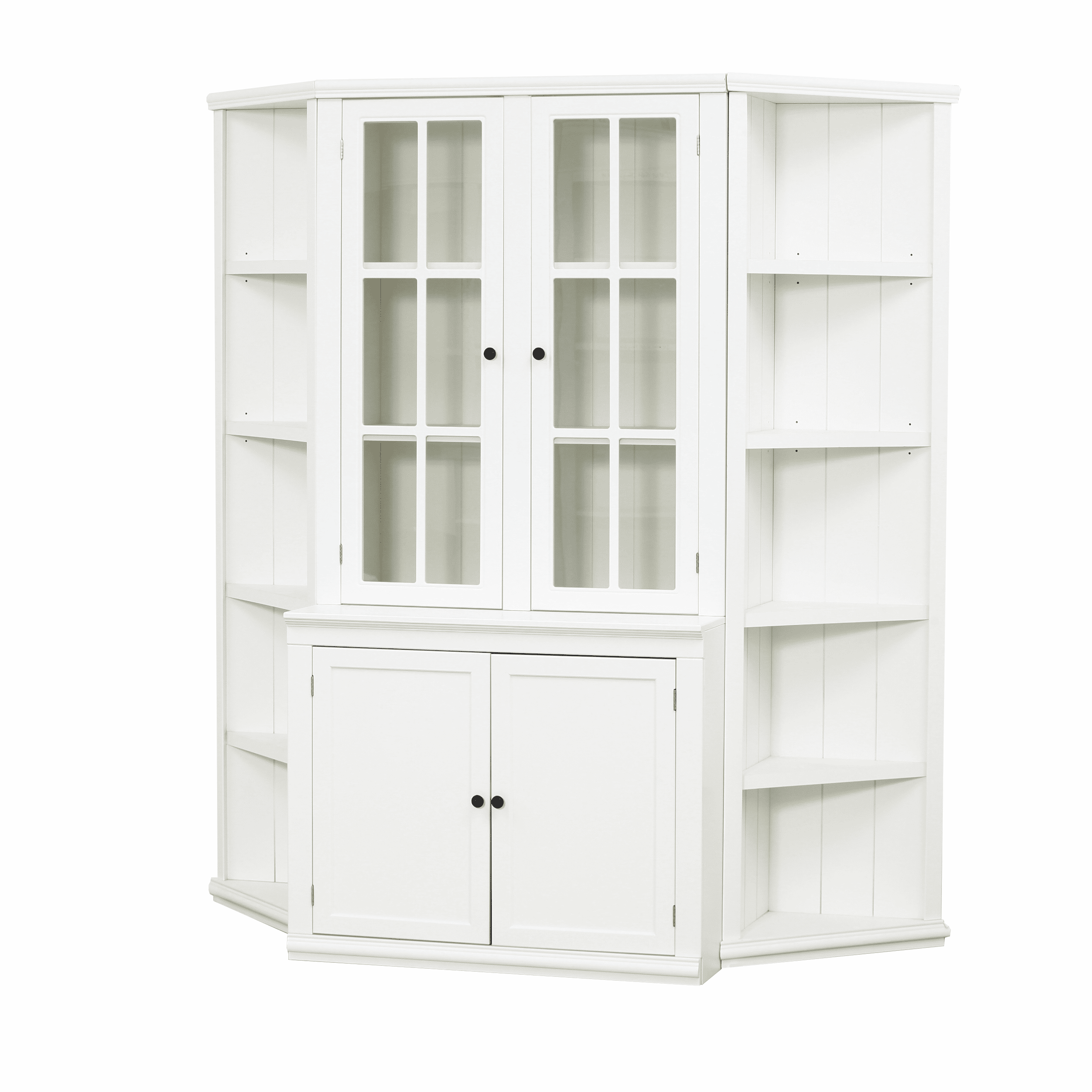Euroco 75.25'' Tall Display Cabinet and Two Triangle Sided Bookshelves, 69.25'' Wide Retro Style Wall Suit with Glass Doors, for Hallways, Living room, Office, Studio or Workspace - White