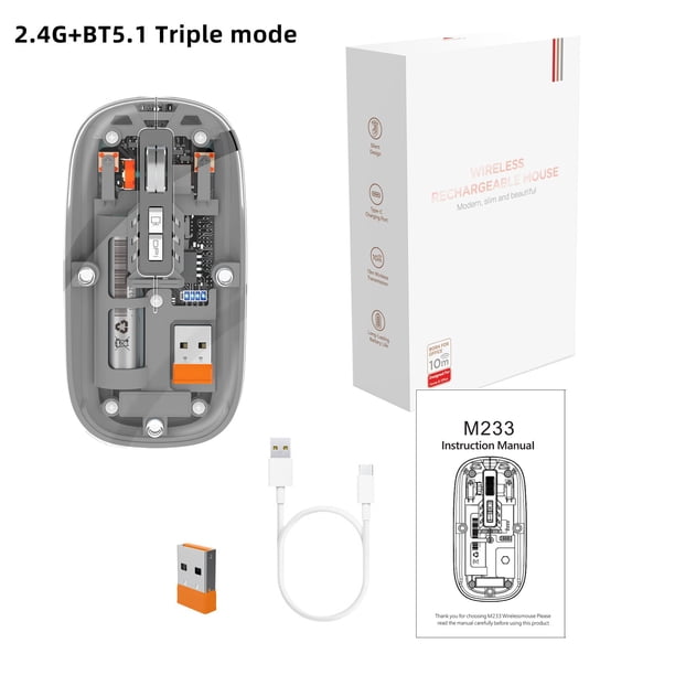 Ratón Bluetooth transparente inalámbrico, ligero y recargable, apto para teléfonos móviles Apple, Huawei y portátiles