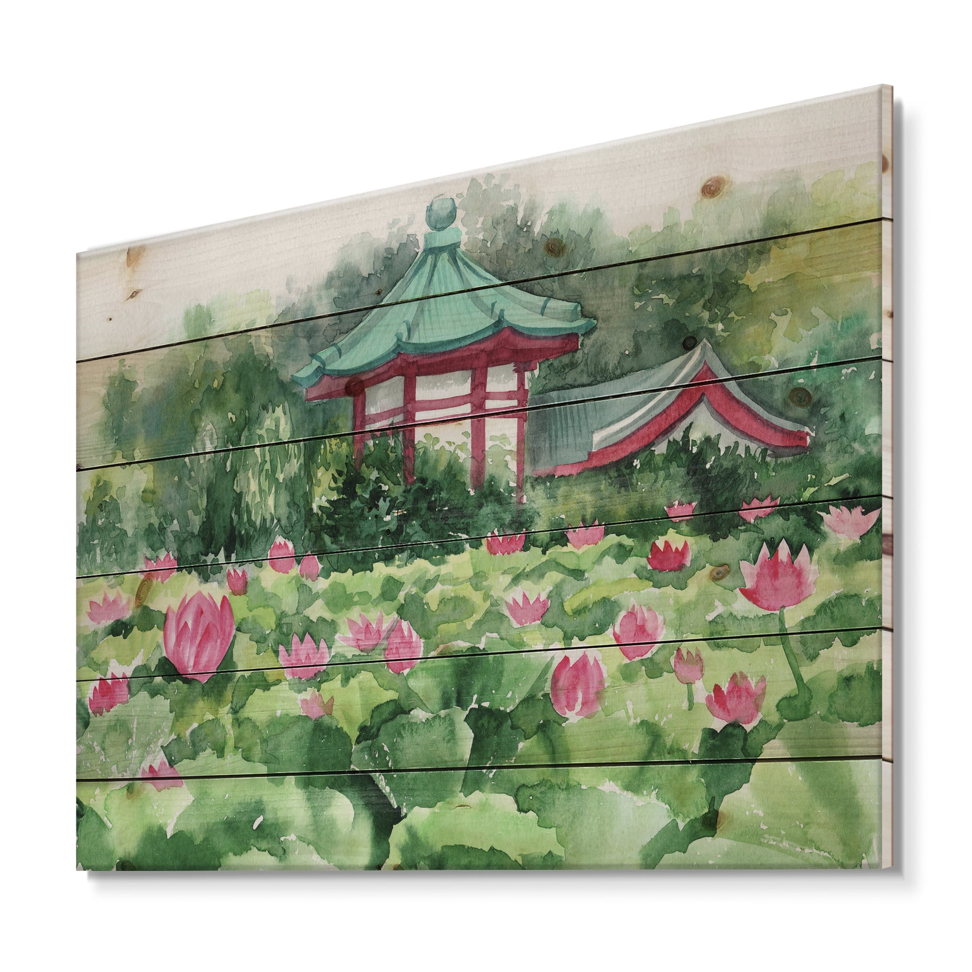 Designart 'Pagoda and Lotus Lake' Traditional Print on Natural Pine Wood