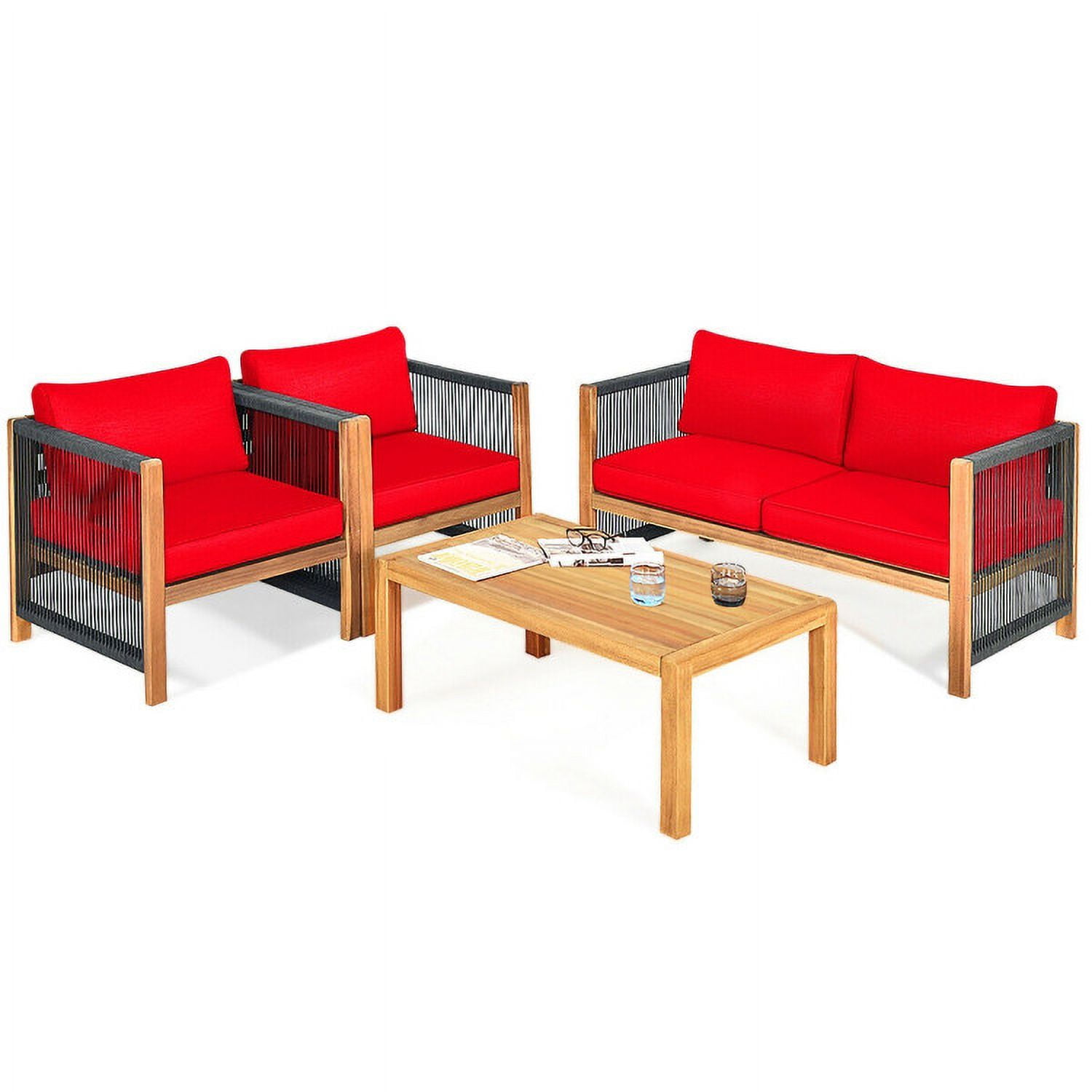 Aimee Lii 4 Pieces Acacia Wood Outdoor Patio Furniture Set with Cushions, Wooden Patio Furniture Set, Red Aimee Lii 4 Pieces Acacia Wood Outdoor Patio Furniture Set with Cushions, Wooden Patio Furniture Set, Red