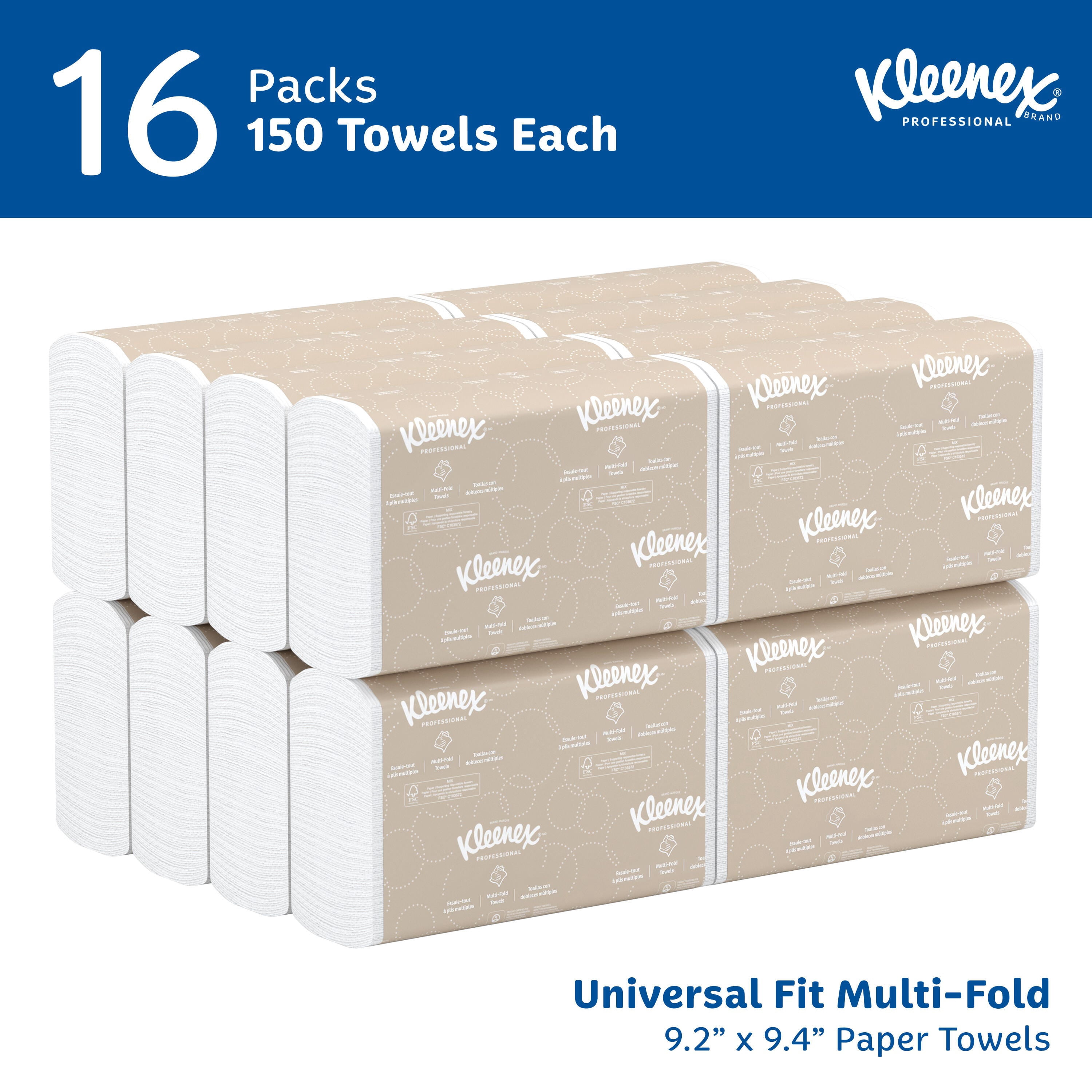 Kleenex Professional Universal Multifold Paper Towels, Bulk (01890), Absorbency Pockets, 9.2" x 9.4" Towel, White (150 Sheets/Pack, 16 Packs/Case, 2,400 Sheet Total)