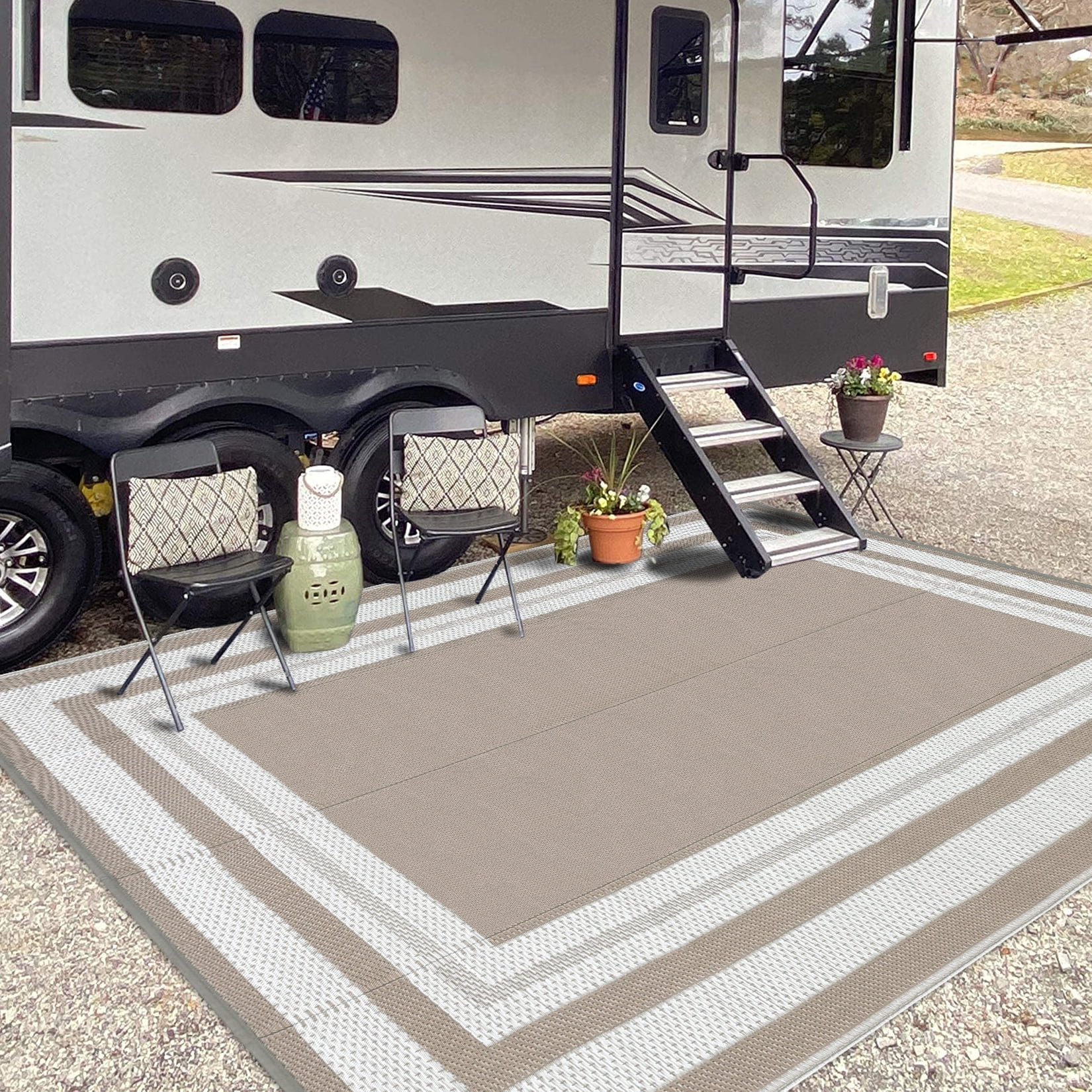 Gavee 8'x10' Waterproof Outdoor Rug, Reversible Patio Area Rug Indoor Outdoor Carpet, Plastic Modern Geometric Carpet for RV Camping Deck Balcony, Porch, Picnic, with Storage Bag, Gray and Brown