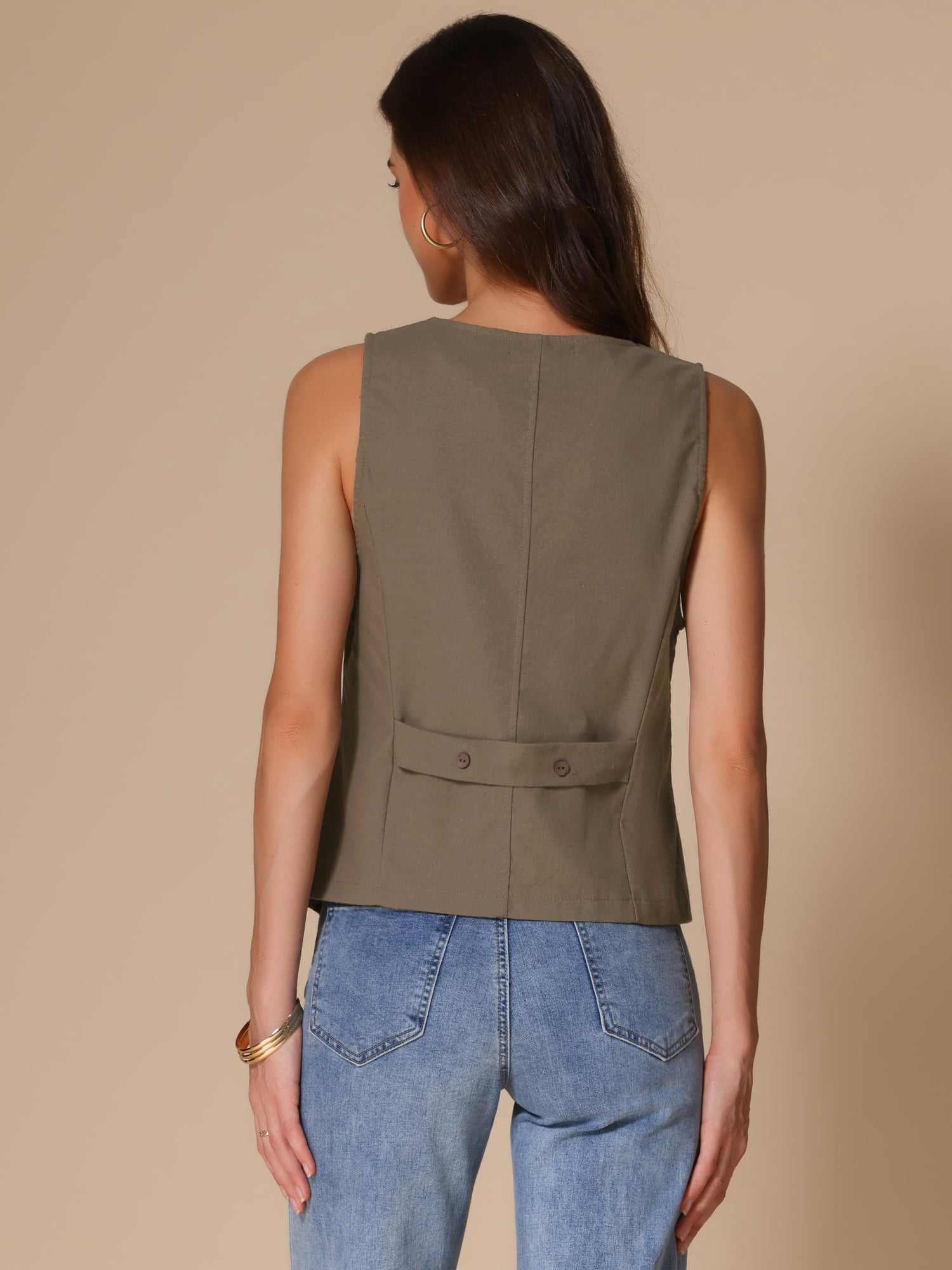DARING DIVA Womens Linen Vest Loose Sleeveless Blazer Lightweight Jacket XS Khaki