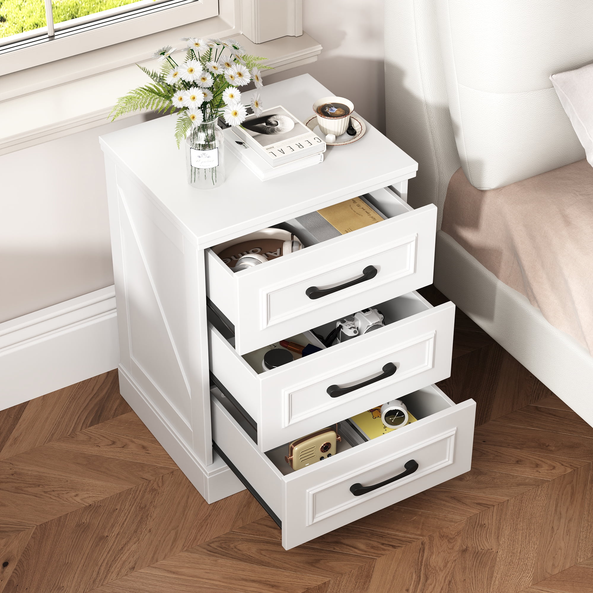 Nightstand, Farmhouse End Table with Charging Station, 3 Drawers Storage for Bedroom