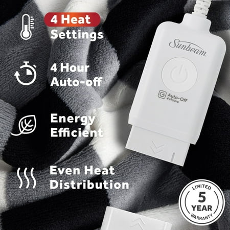 Sunbeam Electric Heated Throw Blanket Black/White Plaid Microplush Faux Shearling 4 Heat 50x70