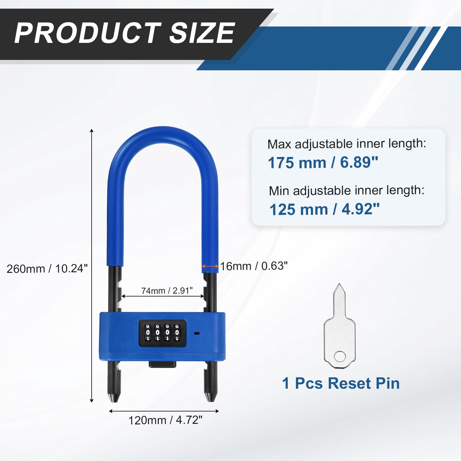 Uxcell 4 Digit Combination Padlock, Long Shackle Padlock - [4.92" - 6.89", Blue], U-Shape Adjustable Shackle Lock for Bicycles Electric Bikes Mountain Bikes Glass Doors Gates