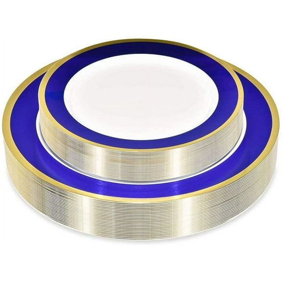 50 Piece -Blue And Gold - Disposable Plastic Plates For Weddings, Holidays, Parties, Catering And Everyday Use - 25 Dinner Plates And 25 Salad Plates
