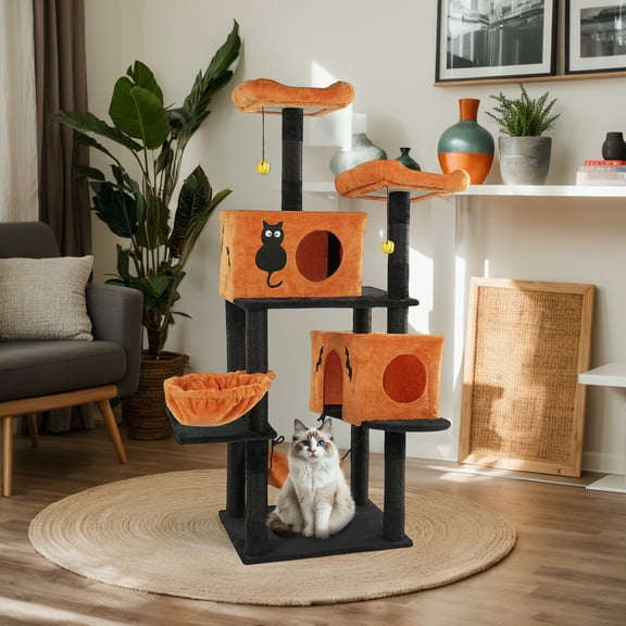 ZephyPaws 61" Halloween Cat Tree for Large Cats, Spooky Themed Cat Tower with 2 Condos, 2 Padded Perches, 2 Cozy Hammocks & Scratching Posts, Multi-Level Playhouse with Hanging Toy, Black & Orange