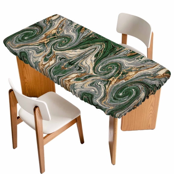 Swirling Emerald Bands Fitted Rectangle Tablecloth 24" x 36" Abstract Liquid Gold Green Beige Ripple Elastic Table Cloth Fits for 3 Foot Folding Tables Waterproof Table Cover for Picnic Camping