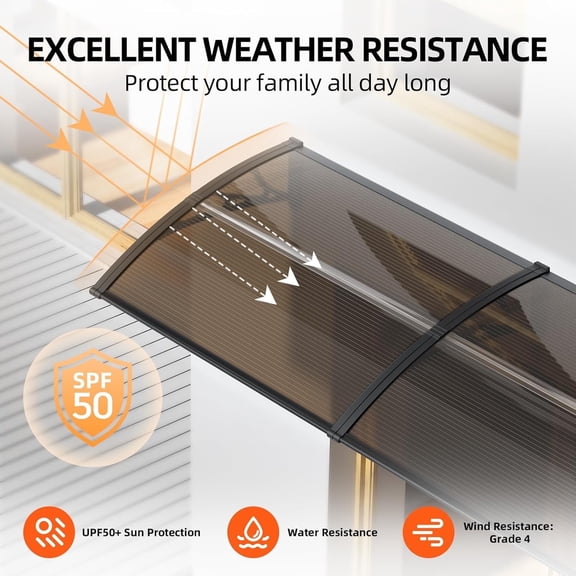 GUANSU-CN 22x40 Inch Window & Door Awning, Polycarbonate Canopy with Black Bracket, Brown Panel, Outdoor Rain & UV Protection