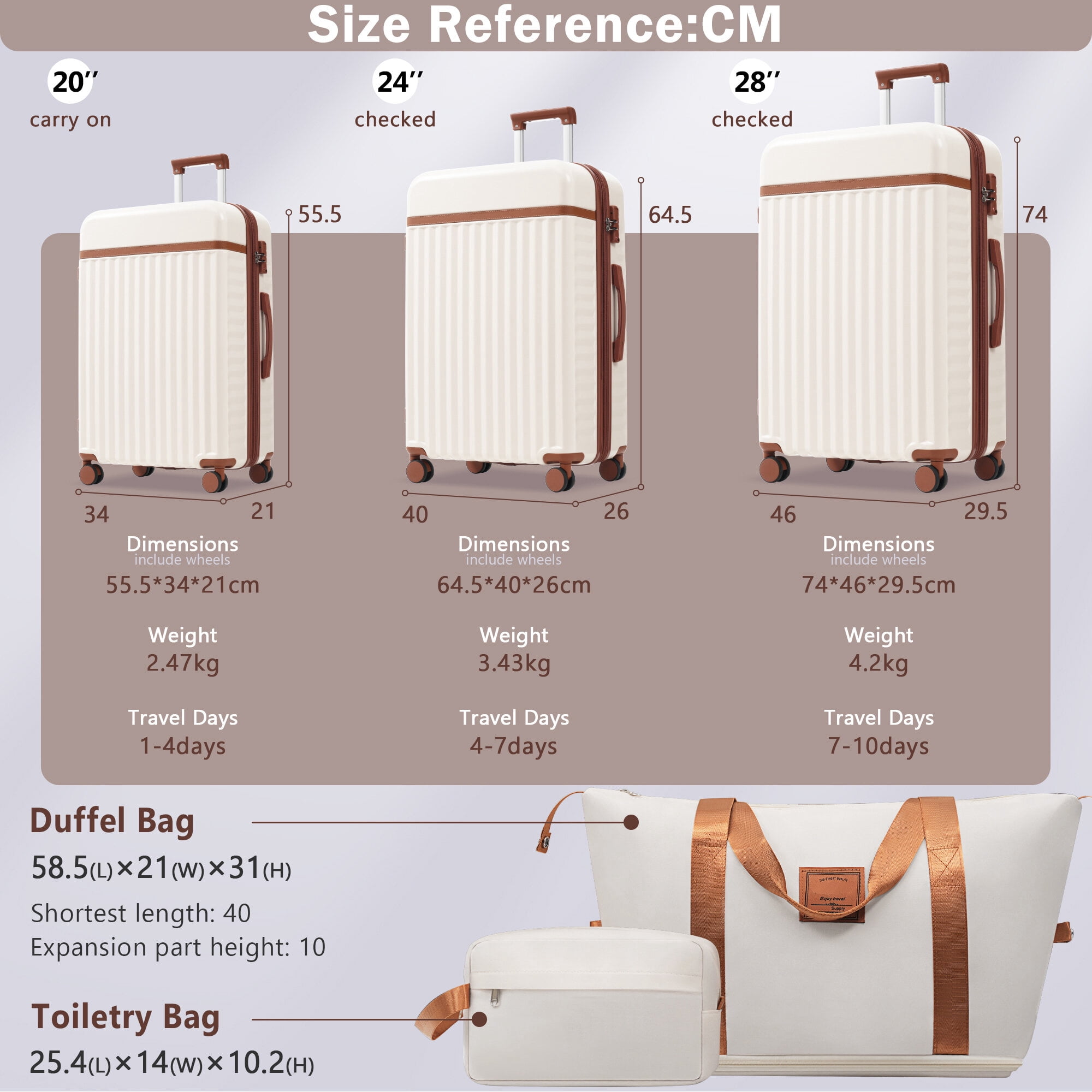 Hardside Suitcase, Luggage Set 5 Piece, Hardside Carry on Suitcase , Expandable Luggage with Travel Bags Spinner Wheels TSA Lock, Brown+White Hardside Luggage,Abs Hardside Checked Luggage