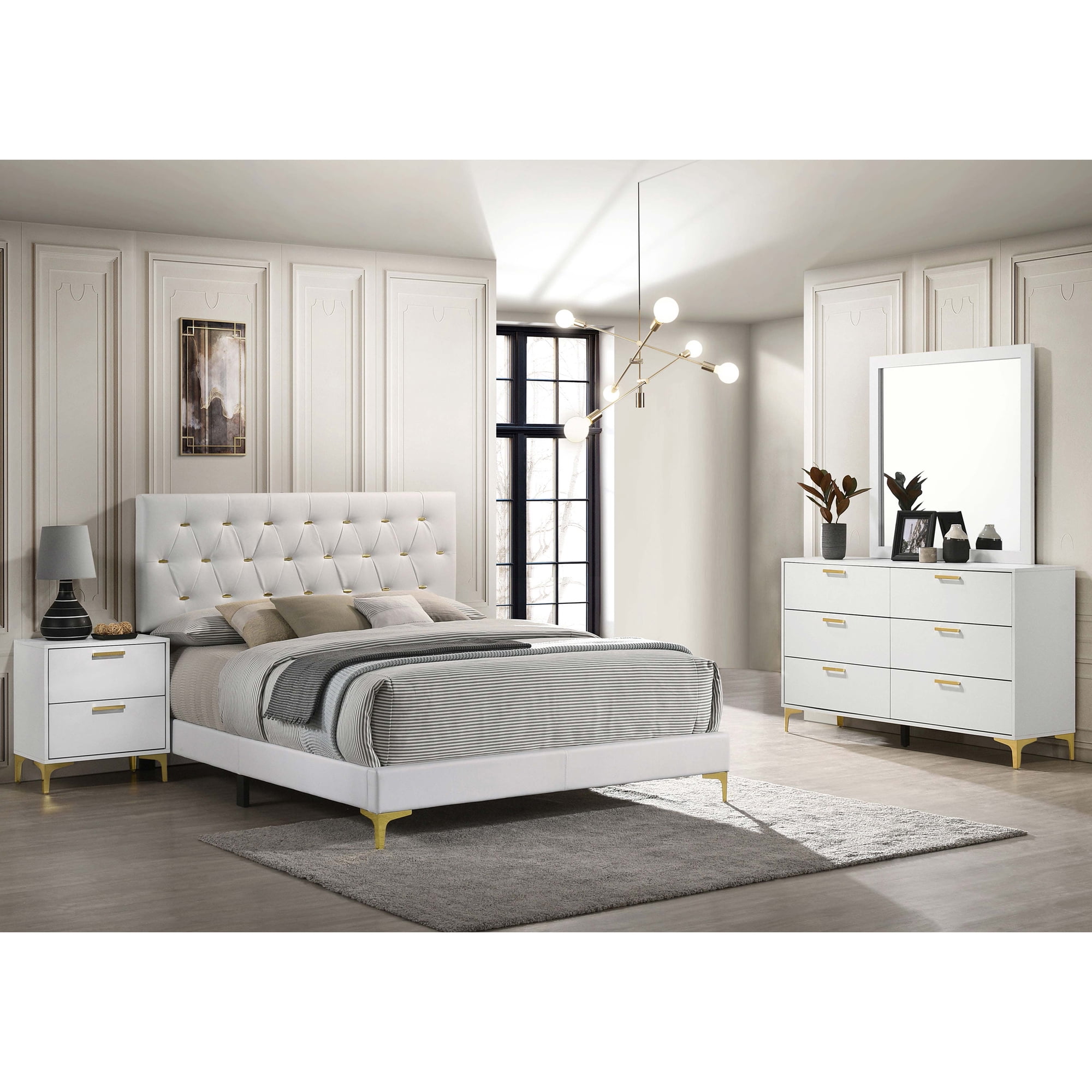 White Queen Bedroom Set 4 Piece with Gold Accents, Tufted Leatherette Headboard, Nightstand, Dresser & Mirror, Modern Glam Style