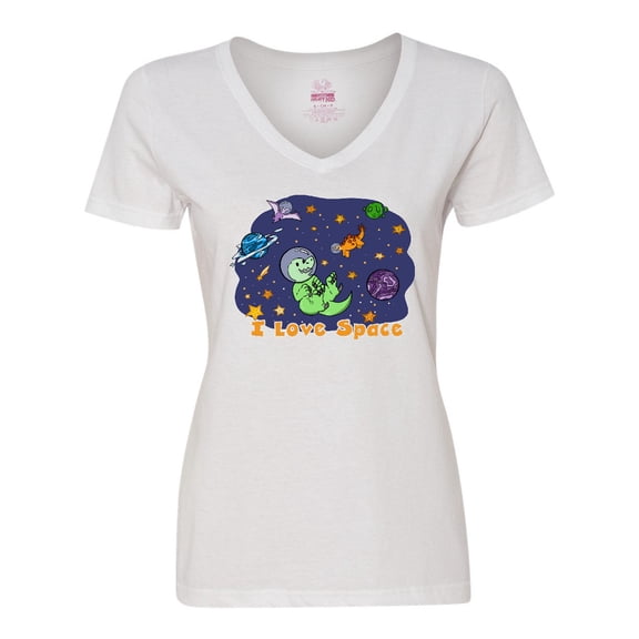 Inktastic I Love Space Cute Dinos and Planets Women's V-Neck T-Shirt