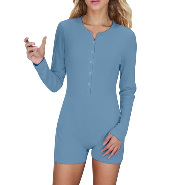 HBFAGFB Long Sleeve Jumpsuit for Women Casual Knit Ribbed U Neck Tops Slim Fit Rompers Blue Size M