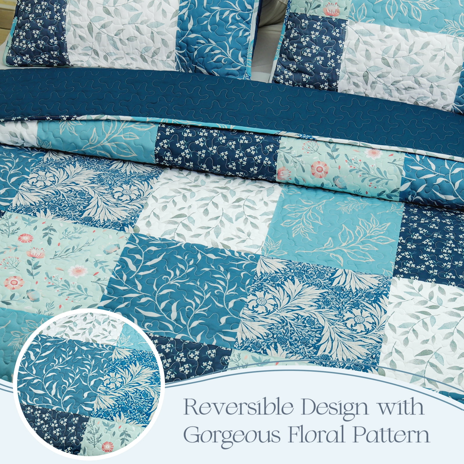 Exclusivo Mezcla Reversible Boho Quilt Set King Size, 3 Pieces Patchwork Navy Blue All Season Bedspreads, Ultra Soft Floral Coverlet Bedding Set with Printed Pattern (1 Quilt, 2 Pillow Shams)