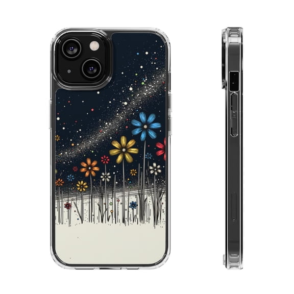 DistinctInk Hybrid (Acrylic / TPU) Clear Slim Fit Case for Apple iPhone 13 MINI (5.4" Screen) - "Blooming Cosmos: Vivid Spring Flower Collection"